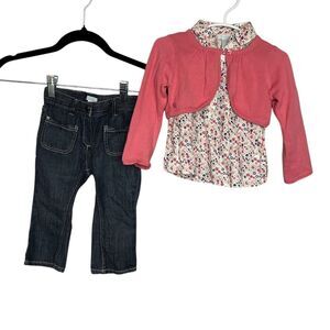 Obaibi Girls 3-Piece Outfit Floral Top Pink Cardigan Denim Pants Size 18M